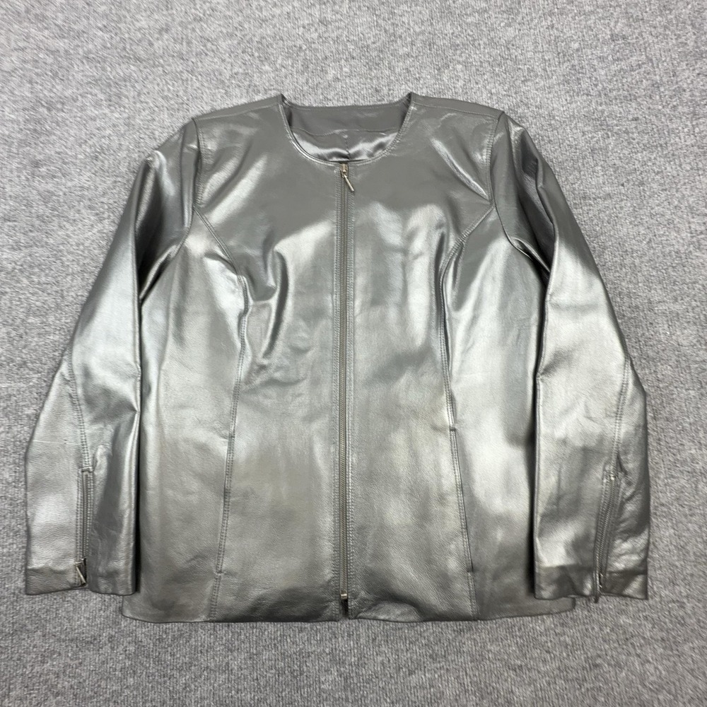 Terry Lewis Leather Jacket Womens Medium Gray Collarless Full Zip Lined Classic